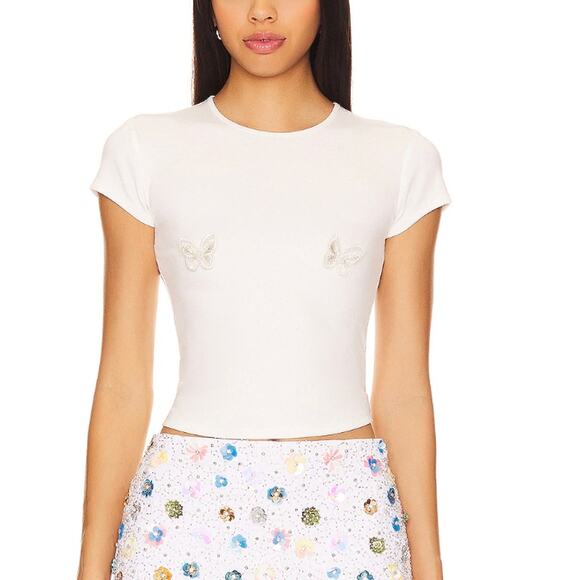 Lovers + Friends White Crop Baby Tee White LARGE Butterfly Twee Stacey $95 NEW - Picture 1 of 7